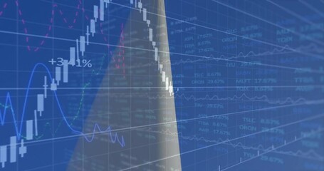 Wind turbine receiving financial charts shifting percentages while technician climbing platform - Powered by Adobe