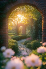 Obraz premium Sunlit Garden Pathway: A serene pathway winds its way through a lush, sun-drenched garden, framed by elegant brick arches and blossoming flowers, creating a sense of peace and natural beauty.
