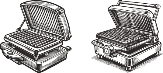 Two open electric grills ready for cooking food a detailed ink sketch black and white engraving monochrome vector illustration