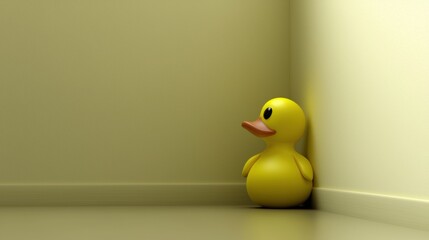 A yellow rubber duck sits in a corner of a room.