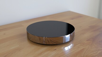 A shiny black circular object sits on a wooden table.