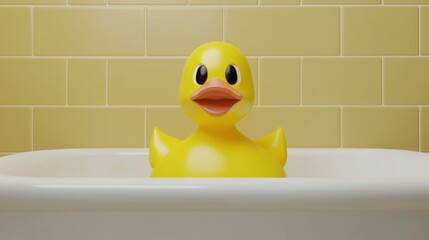A yellow rubber duck sitting in a white bathtub.