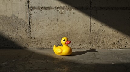 A yellow rubber duck with a red beak and feet sits on a concrete floor.