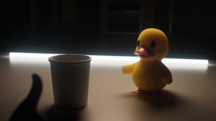 A yellow rubber duck with a red beak stands on one leg, facing right, with a white cup and a black hand in the background.