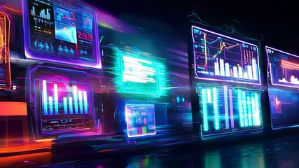 Multiple holographic screens with dynamic graphs, charts, and digital interfaces in vibrant neon colors. Technological visualization with moving data panels and analytics displays. - Powered by Adobe