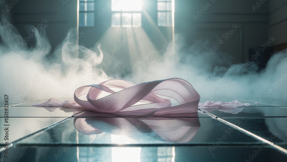 Poster a delicate, flowing pink ribbon resting on reflective surfaces with soft fog and beams of light stre