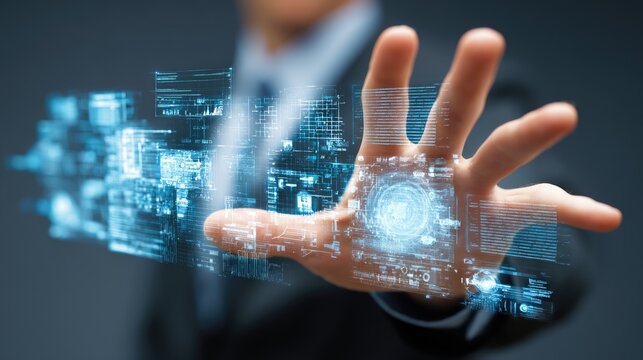 Technological Frontier: A person's hand outstretched, interacting with a holographic digital interface, symbolizing innovation. 