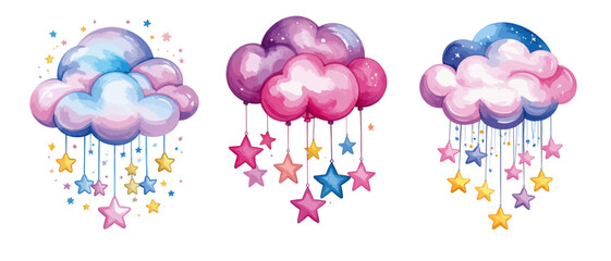 Pink clouds with stars  - vector watercolor illustrations for Baby Shower for girls, for birthday