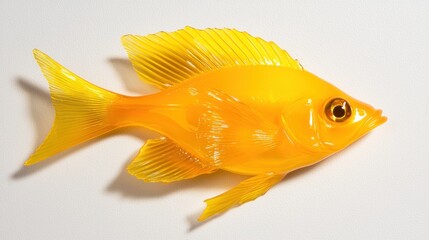 A shiny yellow fish with a big eye and fins.