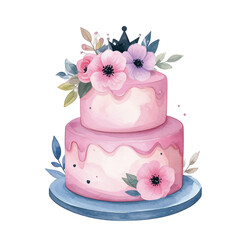 Pink cake with flowers  - vector watercolor illustrations for Baby Shower for girls, for birthday