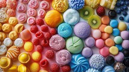 Fototapeta premium Rainbow Candy and Dessert Delight: A Vibrant Culinary Masterpiece