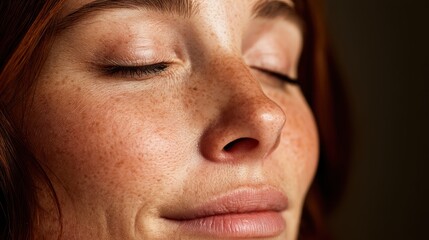 Fototapeta premium A serene close-up portrait capturing a woman's peaceful expression, exuding tranquility and calmness.
