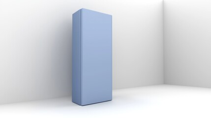 A blue refrigerator stands alone in a white room.