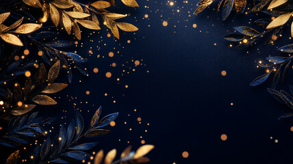 Elegant navy blue and golden leaves theme celebration backdrop with space for text customization