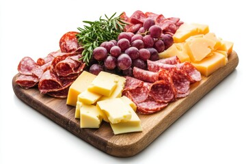 Delicious charcuterie board arrangement on white background