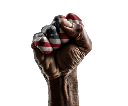Fist raised with American flag pattern expressing strength and unity
