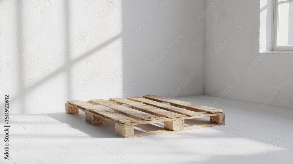 Poster a simple wooden pallet resting on a bright, minimalistic floor in an empty room with soft natural li