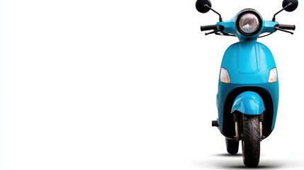 A blue scooter with a round headlight and black handlebars.