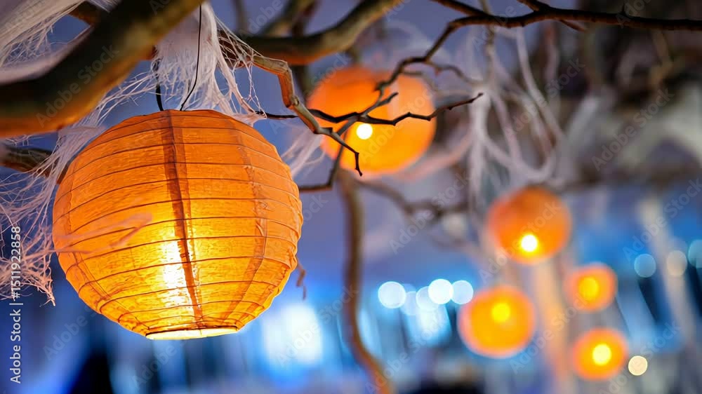 Poster glowing lanterns hanging on twisted branches with soft warm light.