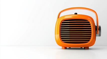 A 3D rendering of an orange vintage-style radio with a black speaker.