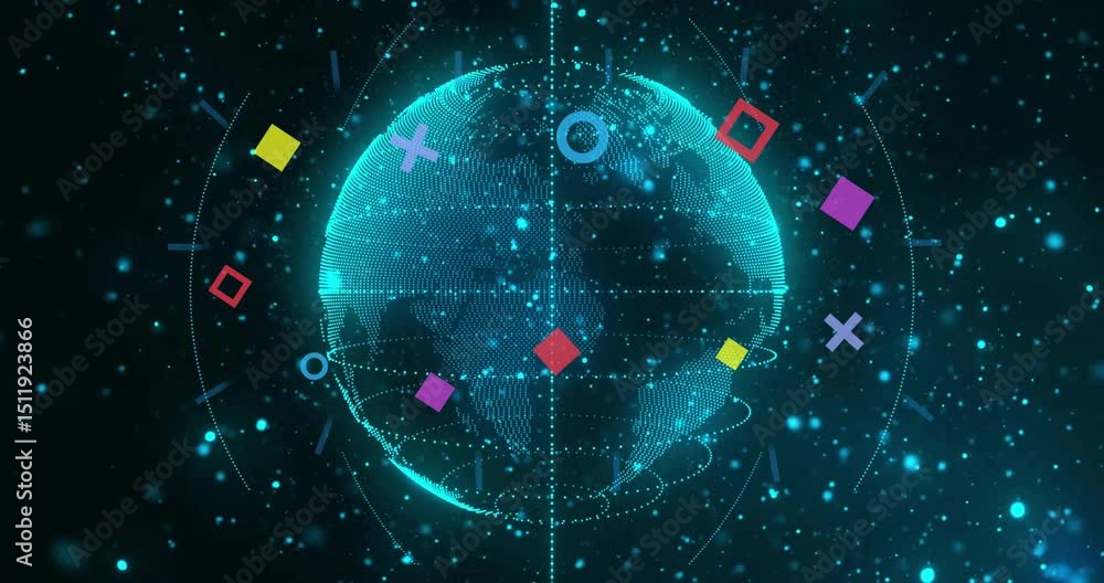 Poster after one-second mark, rotating sphere unveiling orbit lines and drifting shapes in simulation