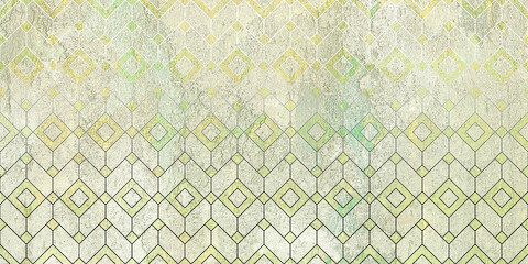 Grunge concrete wall with ornaments and prints. Colorful ceramic wall tiles decoration. Abstract damask patchwork background
