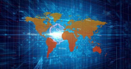 Map fading in, labels appearing, outline tracing into neon dollar sign representing global metrics - Powered by Adobe