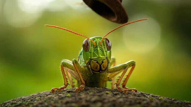 A close-up of a green grasshopper sitting on the grass, with a hat being removed by a man