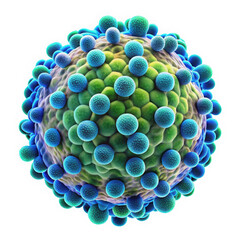A stunning close-up of a virus particle, highlighting its complex structure with vibrant green and blue hues, showcasing the microscopic world of pathogens.