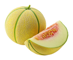 Fresh melon and slice ready for summer fruit salad preparation on a transparent background, cut out