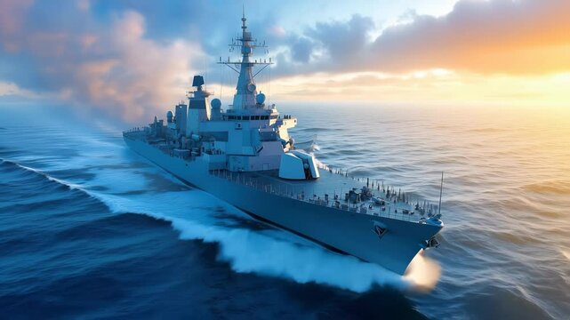 Modern military destroyer navigating ocean waters during golden hour. Dramatic sky with sunset clouds. Vessel creating white water wake.