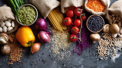 A vibrant assortment of fresh vegetables, legumes, and grains arranged on a dark surface, perfect for healthy cooking.