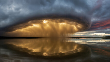 Dramatic Supercell Storm Cloudscape Reflected in Calm Lake Water at Sunset
