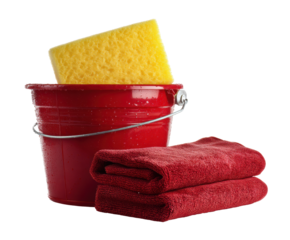 Cleaning supplies with red bucket and towels ready for use on a transparent background, cut out