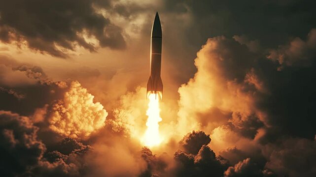 A rocket takes to the sky, surrounded by clouds of smoke and fire, against the backdrop of a dramatic sunset or sunrise