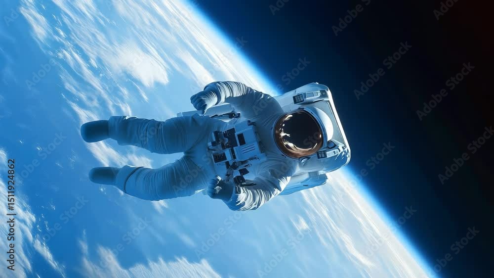 Poster astronaut in white spacesuit performing extravehicular activity near earth's atmospheric boundary. f