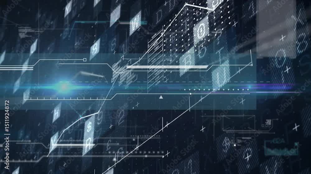 Poster floating interface animating for real time data display, with graph dipping causing block cluster