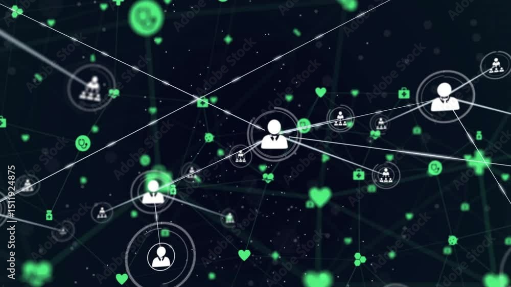 Poster on start user icon appearing as health symbols fading, lines linking nodes showing network growth