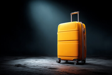 A modern travel suitcase stands near the edge of a dimly lit terminal floor. 