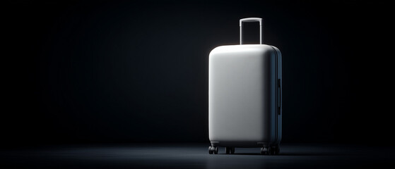 A modern travel suitcase stands near the edge of a dimly lit terminal floor. 