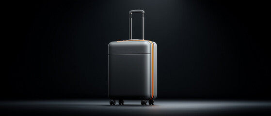 A modern travel suitcase stands near the edge of a dimly lit terminal floor. 