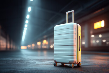 A modern travel suitcase stands near the edge of a dimly lit terminal floor. 