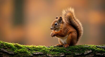 Obraz premium Red Squirrel Eating Acorn on Mossy Log