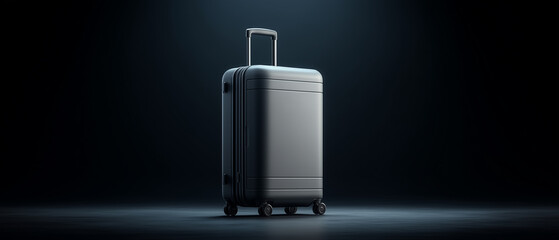A modern travel suitcase stands near the edge of a dimly lit terminal floor. 