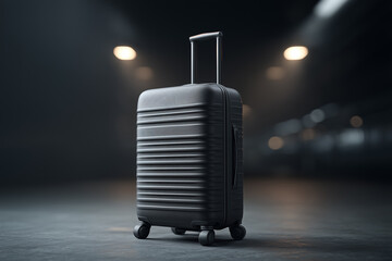 A modern travel suitcase stands near the edge of a dimly lit terminal floor. 