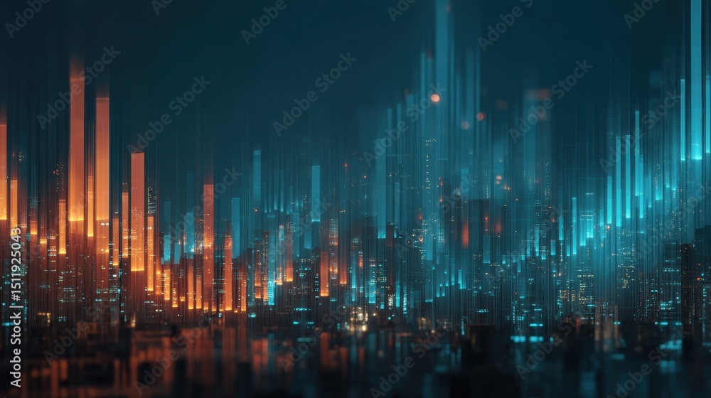 Poster a vibrant digital landscape showcasing futuristic data visualization with glowing bars and illuminat
