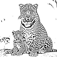 Black and White Vector of Leopard Sitting with Cub – Wildlife Motherhood Illustration
