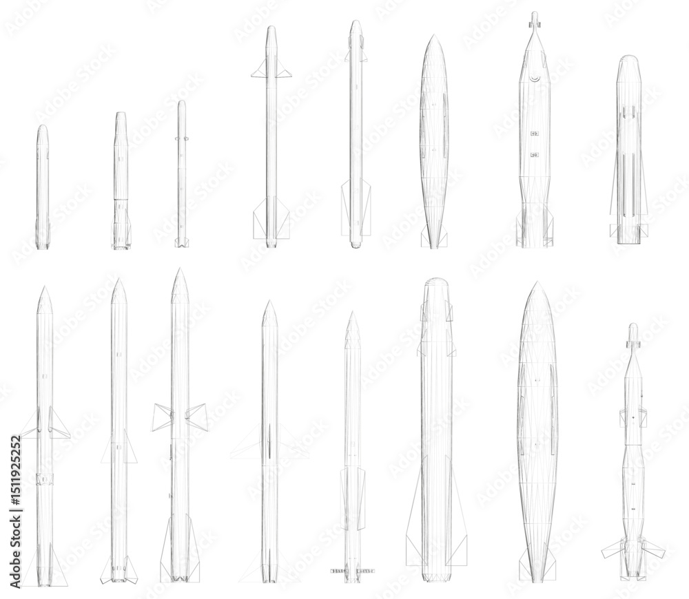 Poster a series of rocket designs are shown in a line, with the first rocket being the shortest and the las