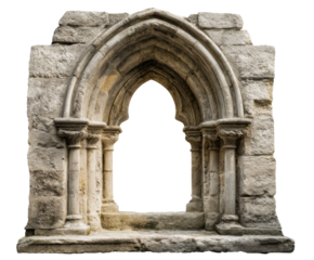 Historic stone archway with detailed carvings for architectural design on a transparent background, cut out