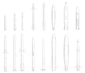 A series of rocket designs are shown in a line, with the first rocket being the shortest and the last rocket being the tallest